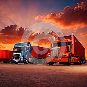 Semi trailer cargo truck with cargo container at sunrise or sunset