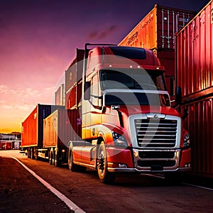 Semi trailer cargo truck with cargo container at sunrise or sunset