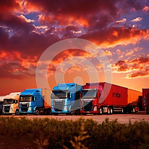 Semi trailer cargo truck with cargo container at sunrise or sunset