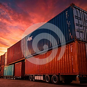 Semi trailer cargo truck with cargo container at sunrise or sunset