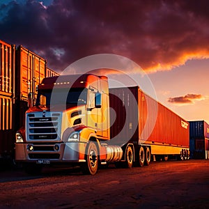 Semi trailer cargo truck with cargo container at sunrise or sunset