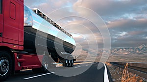 Semi-trailer tank truck driving along a desert road