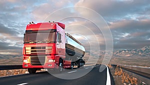 Semi-trailer tank truck driving along a desert road