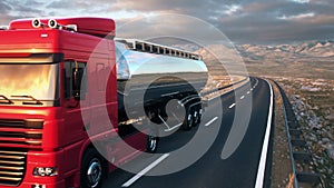 Semi-trailer tank truck driving along a desert road