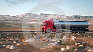 Semi-trailer tank truck driving along a desert road