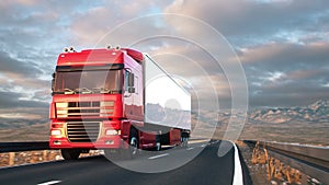 Semi-trailer truck driving along a desert road
