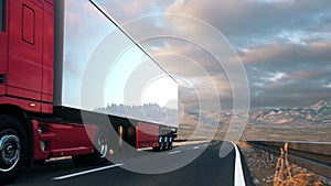 Semi-trailer truck driving along a desert road