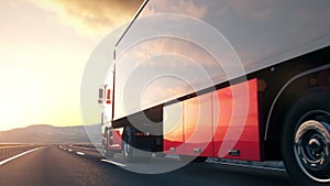 Semi-trailer truck driving along a desert road