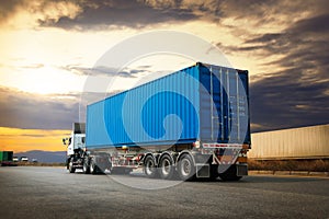 Semi Trailer Truck Driving on Highway Road. Shipping Container Trucks. Commercial Truck Transport. Freight Trucks Logistics