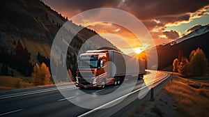 A semi-trailer truck is driving on a long highway with the sunset in the background. AI Generated