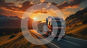 A semi-trailer truck is driving on a long highway with the sunset in the background. AI Generated