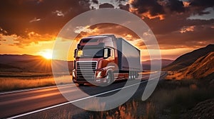 A semi-trailer truck is driving on a long highway with the sunset in the background. AI Generated.