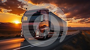 A semi-trailer truck is driving on a long highway with the sunset in the background. AI Generated.