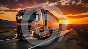 A semi-trailer truck is driving on a long highway with the sunset in the background. AI Generated