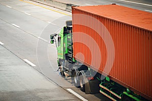 Semi Trailer Truck Driving on The Road. Container Cargo Shipping. Freight Truck Logistic, Cargo Transport.