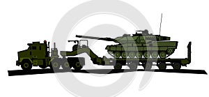 Semi-trailer truck. Oshkosh 1070 Heavy Equipment and Tank Transporter Systems. Main battle tank on a transporter platform.