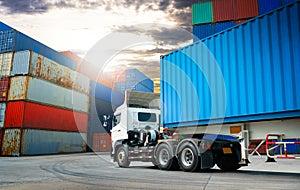 Semi trailer Truck on The Parking Lot, Stacked of Containers Cargo Shipping. Freight Truck Logistic, Cargo Transport