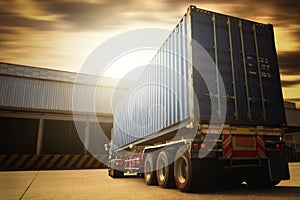 Semi Trailer Truck on The Parking Lot at Warehouse. Container Tractor Truck, Freight Truck Logistics, Cargo Transport.