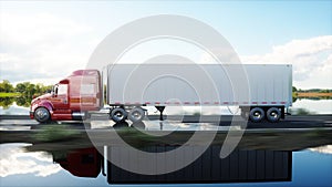 Semi trailer, Truck on the road, highway. Transports, logistics concept. 3d rendering.