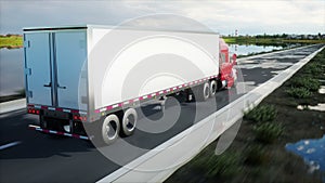 Semi trailer, Truck on the road, highway. Transports, logistics concept. 4K realistic animation.
