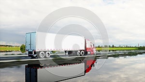 Semi trailer, Truck on the road, highway. Transports, logistics concept. 4K realistic animation.