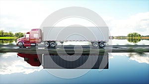 Semi trailer, Truck on the road, highway. Transports, logistics concept. 4K realistic animation.