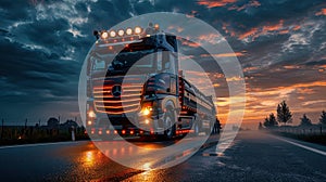 Semi-trailer truck on the road at sunset, 3d rendering. Transportation and logistics concept