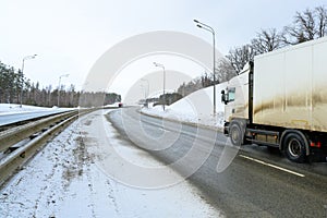 A semi-trailer truck, semitruck, tractor unit and semi-trailer to carry freight.