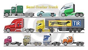 Semi trailer truck vector vehicle transport delivery cargo shipping illustration set of trucking freight lorry semi