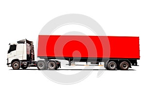 Semi Trailer Truck on White Background. Cargo Container Shipping. Trucking. Lorry Diesel Truck. Freight Truck Logistics Transport.