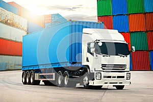 Semi trailer Trucks and Containers Cargo Shipping. Freight Truck Import-Export. Logistics Truck Transport.