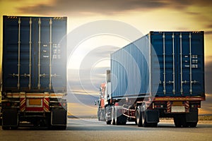 Semi Trailer Trucks Driving on Highway Road. Shipping Container Trucks. Freight Trucks Logistics, Cargo Transport