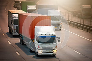Semi Trailer Trucks Driving on Highway Road. Shipping Container Trucks. Freight Trucks Logistics Cargo Transport.