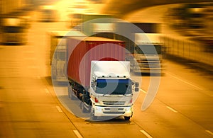 Semi Trailer Trucks Driving on Highway Road. Shipping Container Trucks. Freight Trucks Logistics Cargo Transport