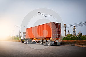 Semi Trailer Trucks Driving on The Road. Cargo Container Shipping. Freight Trucks Logistic, Cargo Transport.