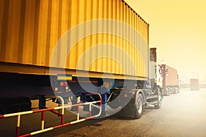Semi Trailer Trucks Driving on The Road. Container Cargo Shipping, Freight Truck Logistic, Cargo Transport.