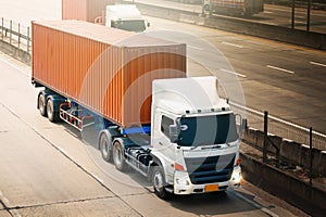 Semi Trailer Trucks Driving on The Road. Shipping Cargo Container. Lorry Tractor. Freight Truck Logistic.