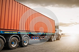 Semi Trailer Trucks Driving on The Road with The Sunset Sky. Shipping Cargo Container, Freight Truck Logistic.