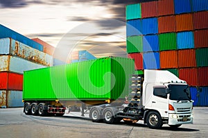 Semi trailer Trucks Parked with Stacked of Containers Cargo Shipping. Freight Trucks Logistic Import-Export.