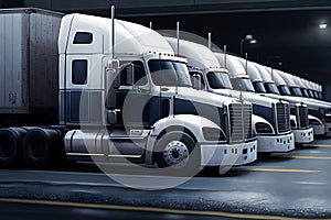 Semi Trailer Trucks on Parking lot. Delivery Trucks for Cargo Shipping. Lorry Industry Freight Truck Logistics Transport