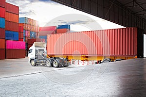 Semi Trailer Trucks on The Parking Lot. Truck Loading at Dock Warehouse. Freight Trucks Logistic, Cargo Transport.