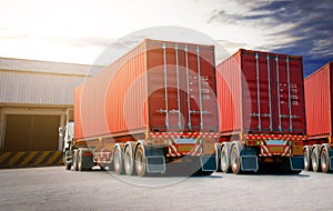 Semi Trailer Trucks on The Parking Lot. Trucks Loading at Dock Warehouse. Freight Trucks Cargo Transport. Warehouse Logistics