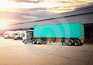 Semi Trailer Trucks on The Parking Lot at Warehouse. Shipping Container. Distribution Warehouse. Freight Trucks Logistic