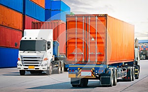 Semi trailer Trucks on The Road and Stacked of Containers Cargo Shipping. Distribution Cargo Port Freight Truck Import-Export.