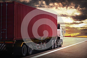 Semi TrailerTruck Driving on Road with Sunset Sky. Shipping Container Trucks. Delivery Trucks. Freight Truck Logistics Transport