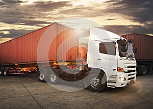 Semi TrailerTrucks Parked with The Sunset. Shipping Container Diesel Trucks. Trucking. Transit Truck, Freight Trucks Logistics.