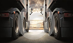 Semi TrailerTrucks on Parking with The Sunset Sky. Truck Wheels Tires. Shipping Container Truck. Delivery Transit. Diesel Trucks.