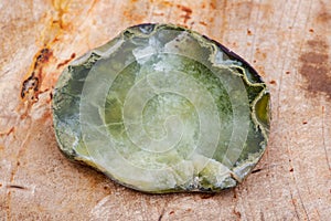Semi-translucent partially polished Prehnite nodule from the Northern Territory, Australia, on Natural Polished Petrified wood photo