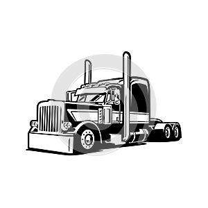 Semi truck 18 wheeler sleeper truck side view monochrome vector isolated