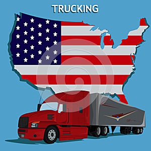 Semi truck and American flag, vector illustration